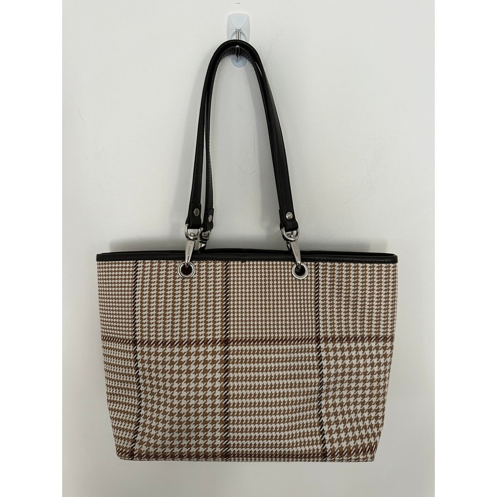 Lauren Ralph Lauren Brown Houndstooth Plaid Tote Bag Leather Trim Shoulder Bag - Picture 5 of 15